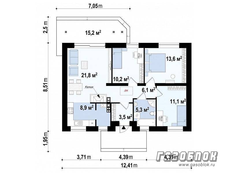 Проект дома из газобетона с камином ГД-84м готовый – площадь 84/66 м2, фото 8